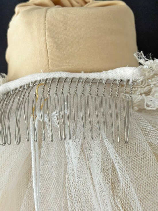 Cathedral Bridal Veil English Net Alençon Lace Beaded Pearl Veil Antique White